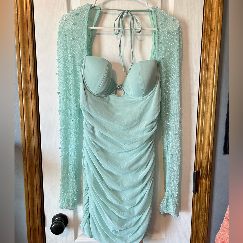 Oh Polly aqua beaded, ruched mini dress NWT